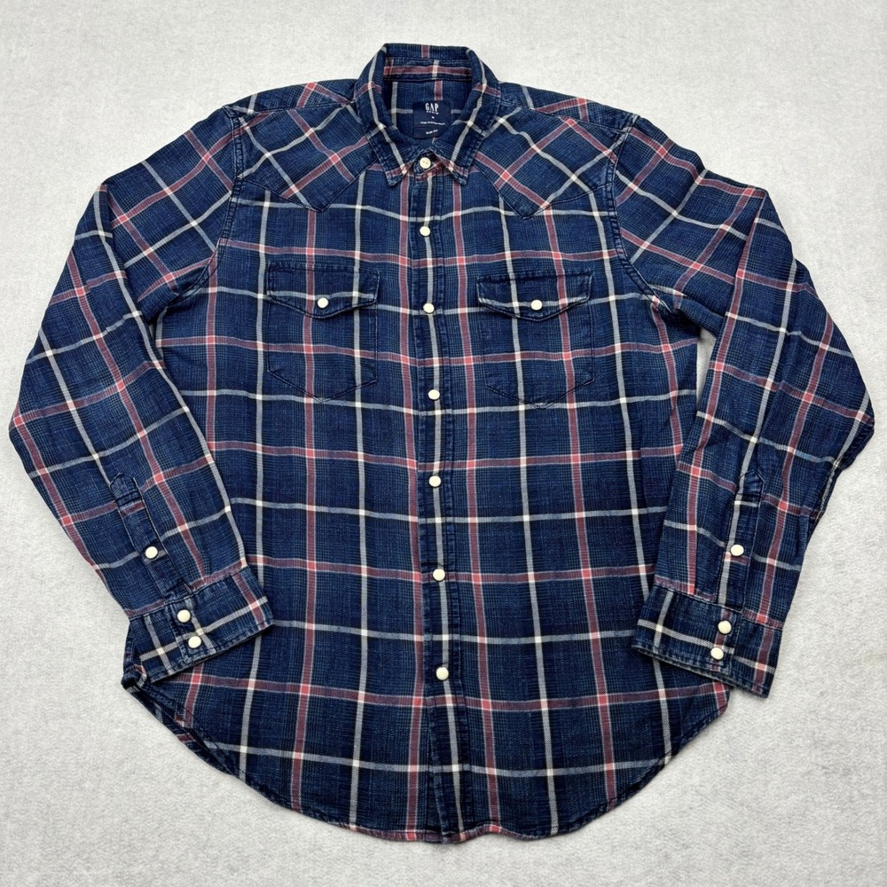 Gap Mens Medium Slim Fit Western Pearl Snap Shirt Indigo Blue Red Plaid 492501